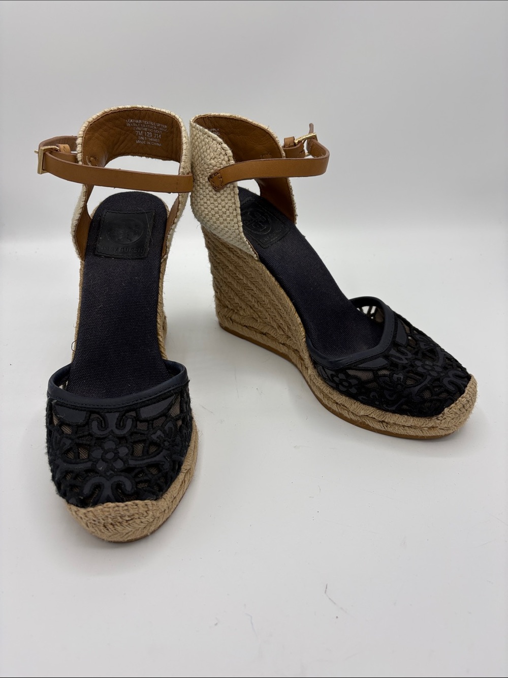 Tory Burch Navy Blue Lace Espadrille Wedge Sandals with Tan Ankle Strap - Size 7